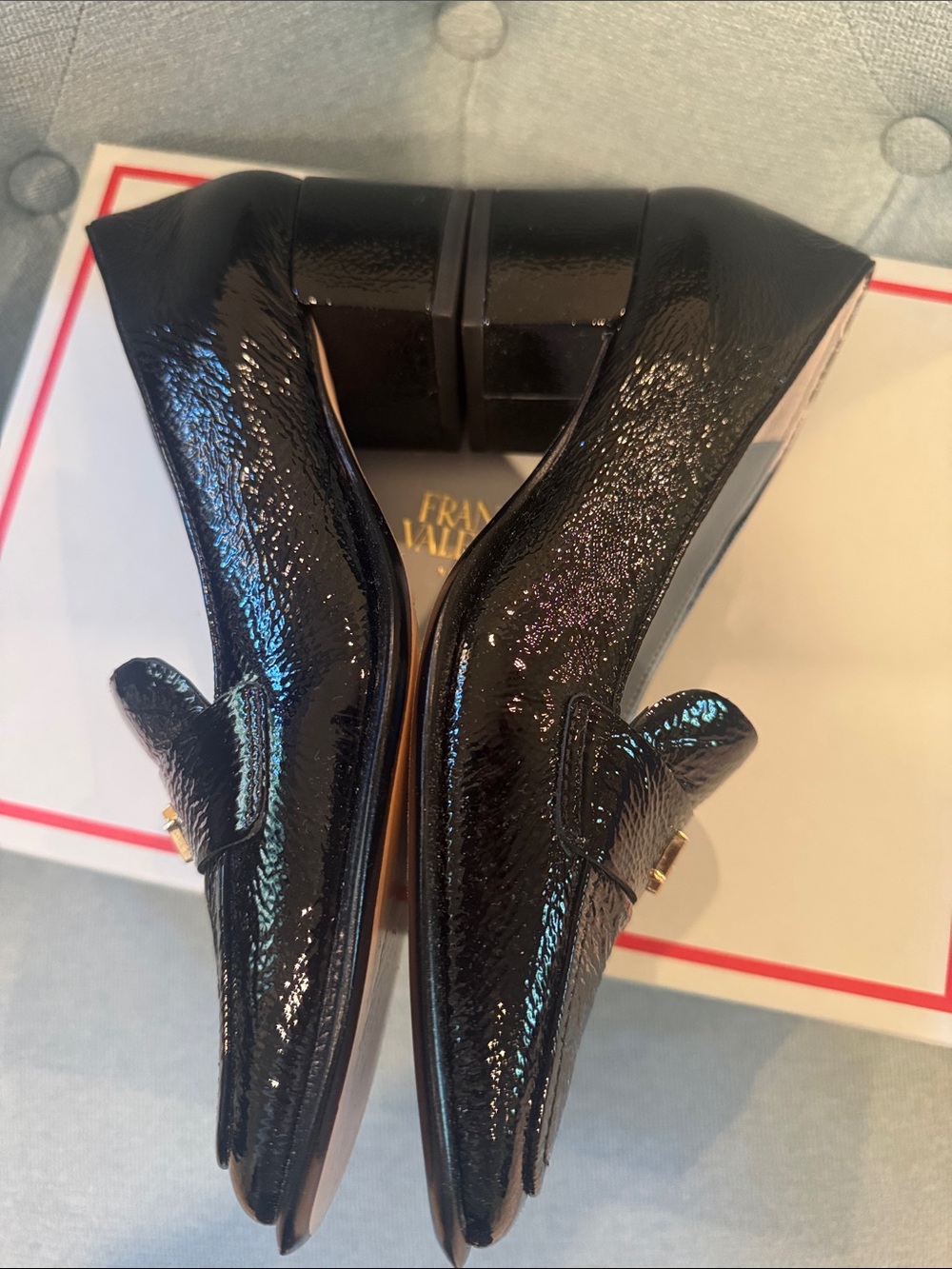 Frances Valentine Black crinkle soft Patent Loafers Gold FV Logo-Twiggy Loafer - Picture 5 of 11